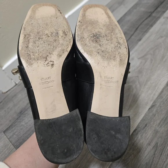 Stuart Weitzman Black Leather Crystal Embellished Mule Heels Slip-On Loafers 5.5 - Picture 10 of 15